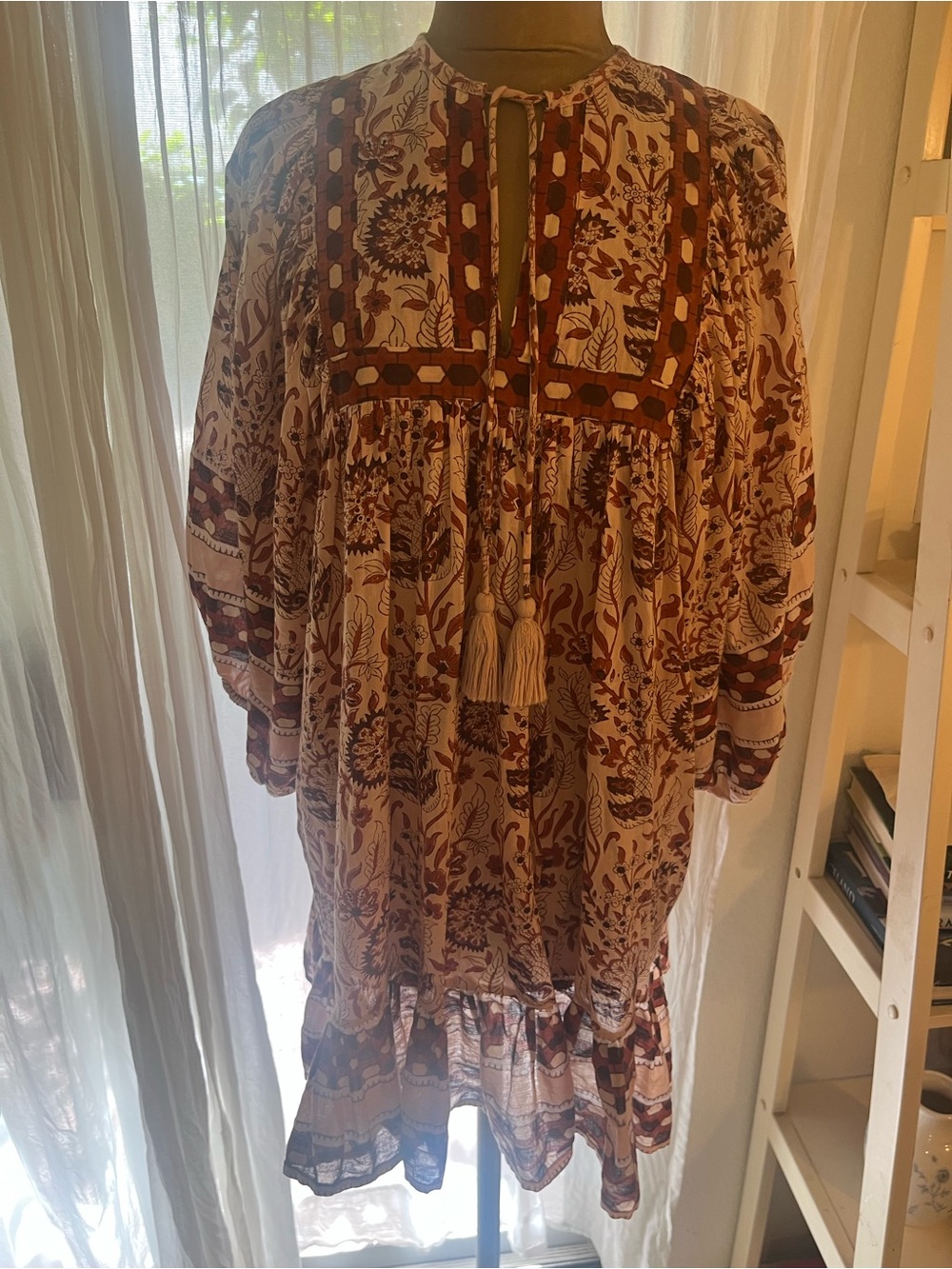 Cleobella Ivory and Burgundy Printed Boho Tassel Long Sleeve Dress- preowned